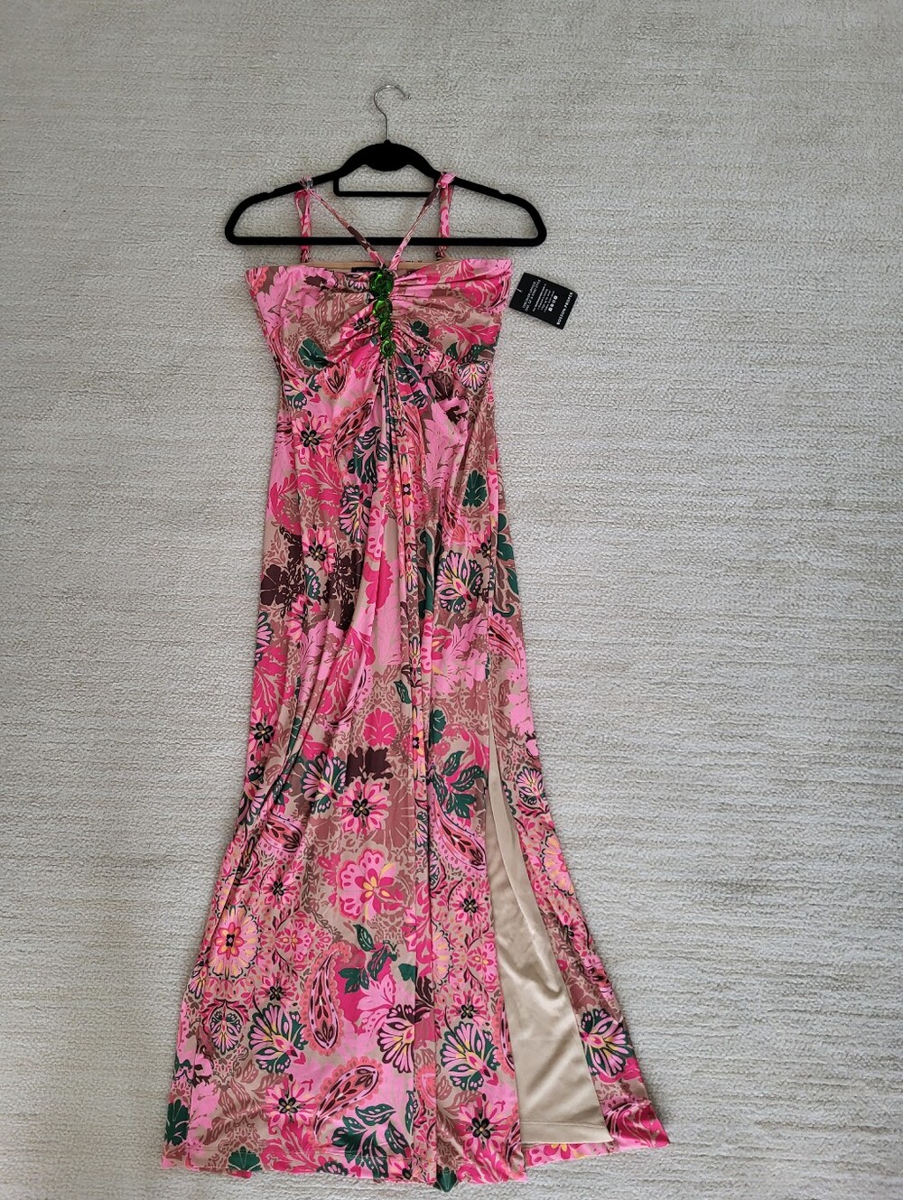 Pink Floral Maxi Dress with Side Slit